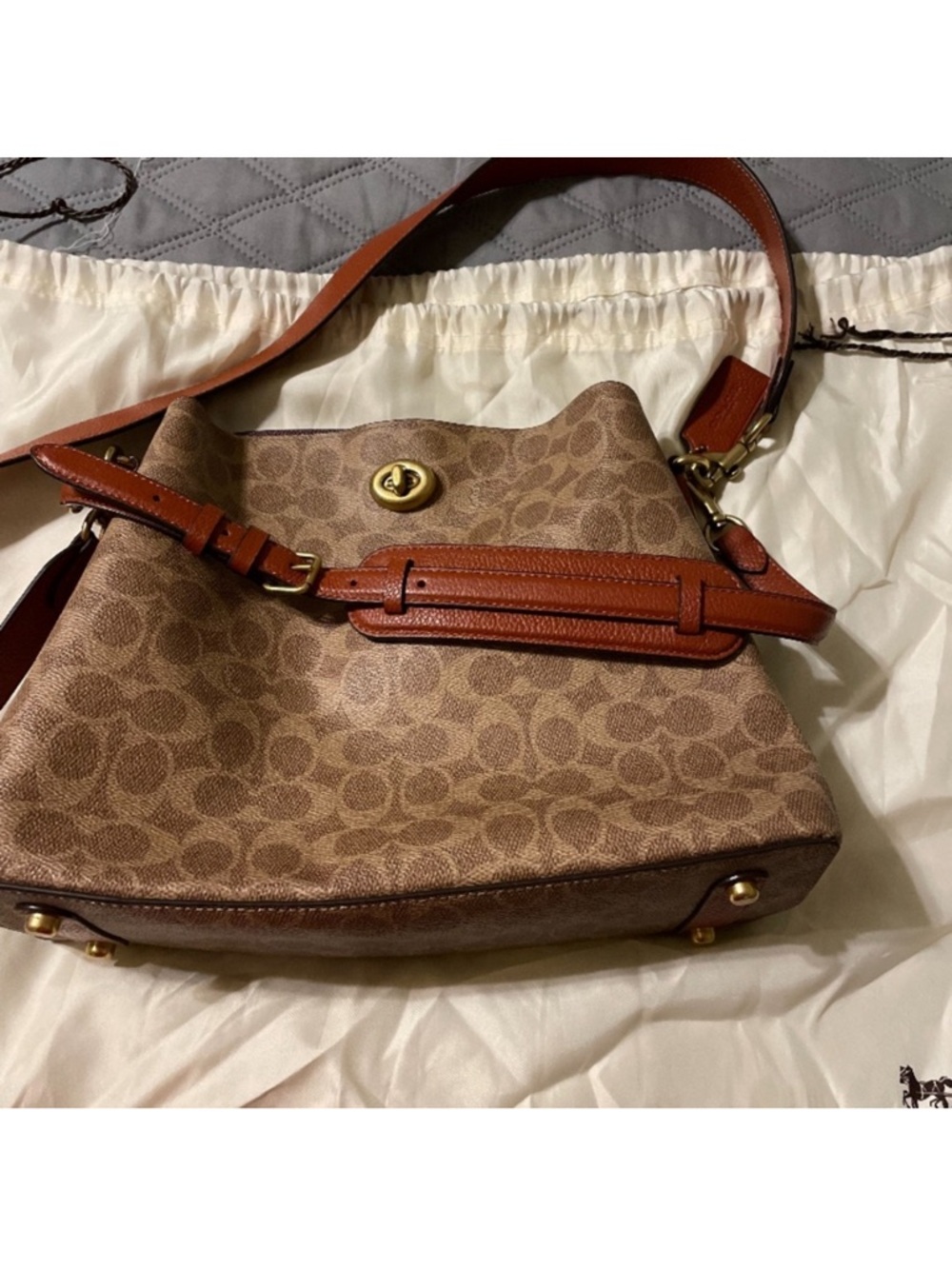 Coach Brown Signature Canvas Shoulder Bag with Tan Leather Strap